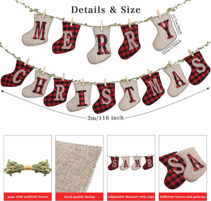 Merry Christmas Banners, Sock Shaped Burlap Banners, Red-White Plaid, 3 Meters (Length Only), 14 Pieces, Indoor/Outdoor, Christmas Party & Wall Decoration