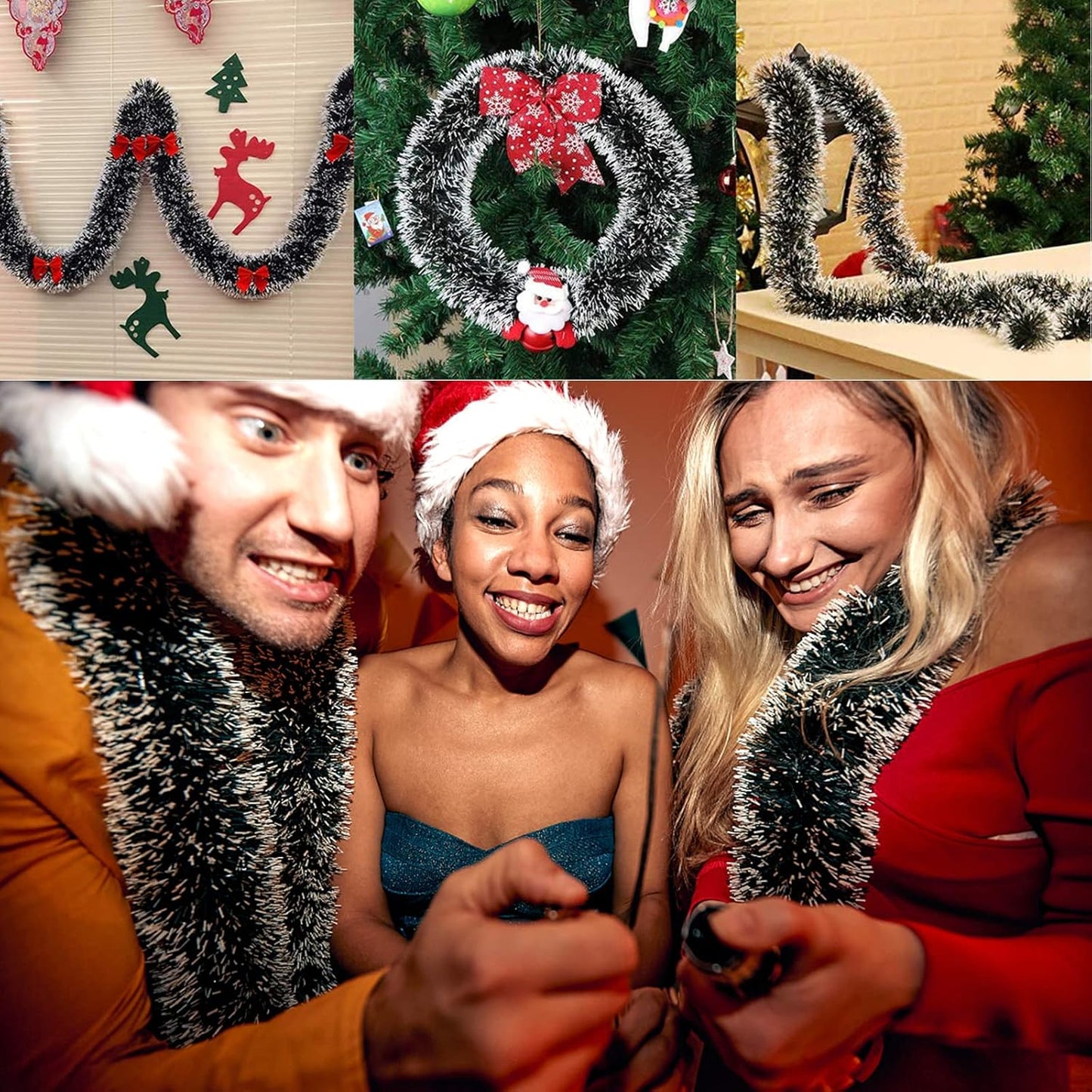 32.8 Feet Dark Green/White Tinsel Christmas Decorations, Chunky Metallic Shiny Garland Christmas Tree Hanging Decorations for Xmas Holiday Indoor Outdoor Party Decor