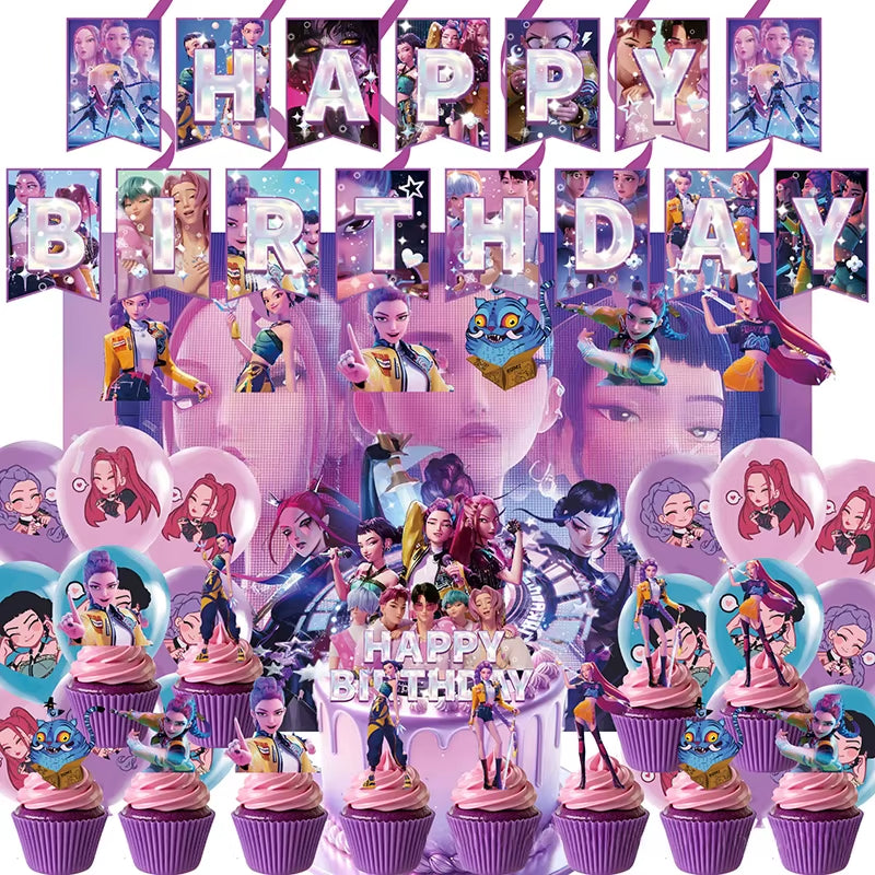 Hot Kpop Demon Birthday Party Decoration Huntrix Kpop Anime Birthday Party Supplies Hunter Group Cake Topper Balloons Decor Sets