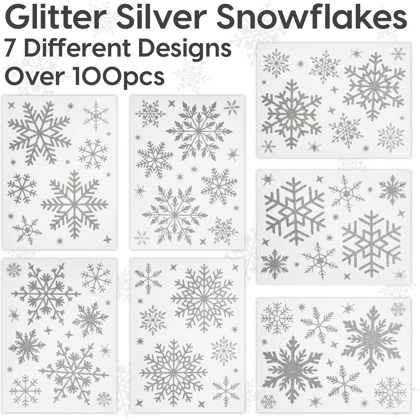 Christmas Snowflake Window Stickers over 300Pcs Silver Glitter Design - Removable and Reusable Christmas Window Clings Decoration - Ideal for Xmas Display and Decor