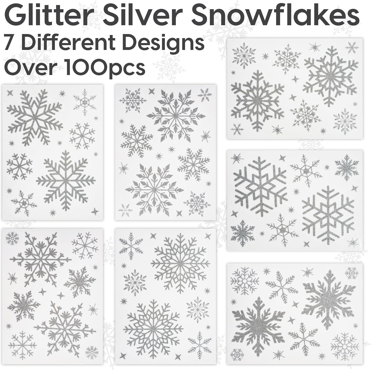 Christmas Snowflake Window Stickers over 300Pcs Silver Glitter Design - Removable and Reusable Christmas Window Clings Decoration - Ideal for Xmas Display and Decor
