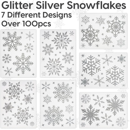 Christmas Snowflake Window Stickers over 300Pcs Silver Glitter Design - Removable and Reusable Christmas Window Clings Decoration - Ideal for Xmas Display and Decor