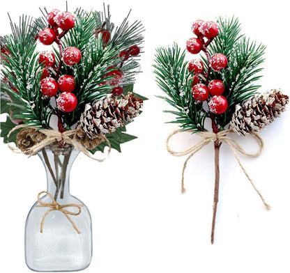 10 Pcs Christmas Picks and Sprays,Artificial Holly Stem and Red Berry,Pine Cones and Pine Branches,Red Berries Christmas Decorations,Greenery Tree Picks for Birthday Wedding Decor