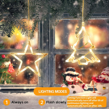 LED Christmas Window Light Stars and Christmas Tree, Twinkle Curtain Light Timer, Hanging Lights for Party Shop Window Xmas Decoration, Outdoor Indoor, Battery Powered(Warm Light)