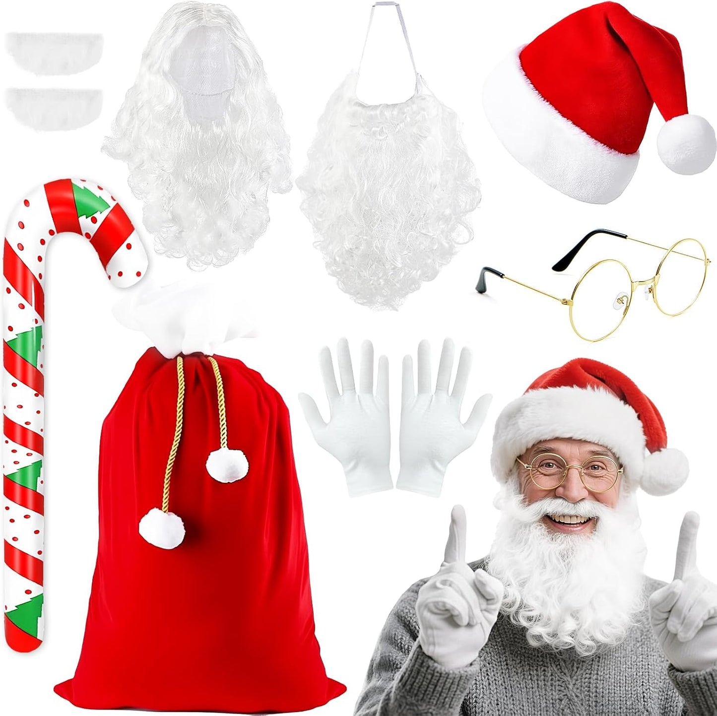 8Pcs Santa Claus Costume Accessories, Christmas Dress up Kit with Santa Hat Beard Wig Gloves Glasses Inflatable Candy Cane and Present Bag for Festive Family Gatherings Xmas Party