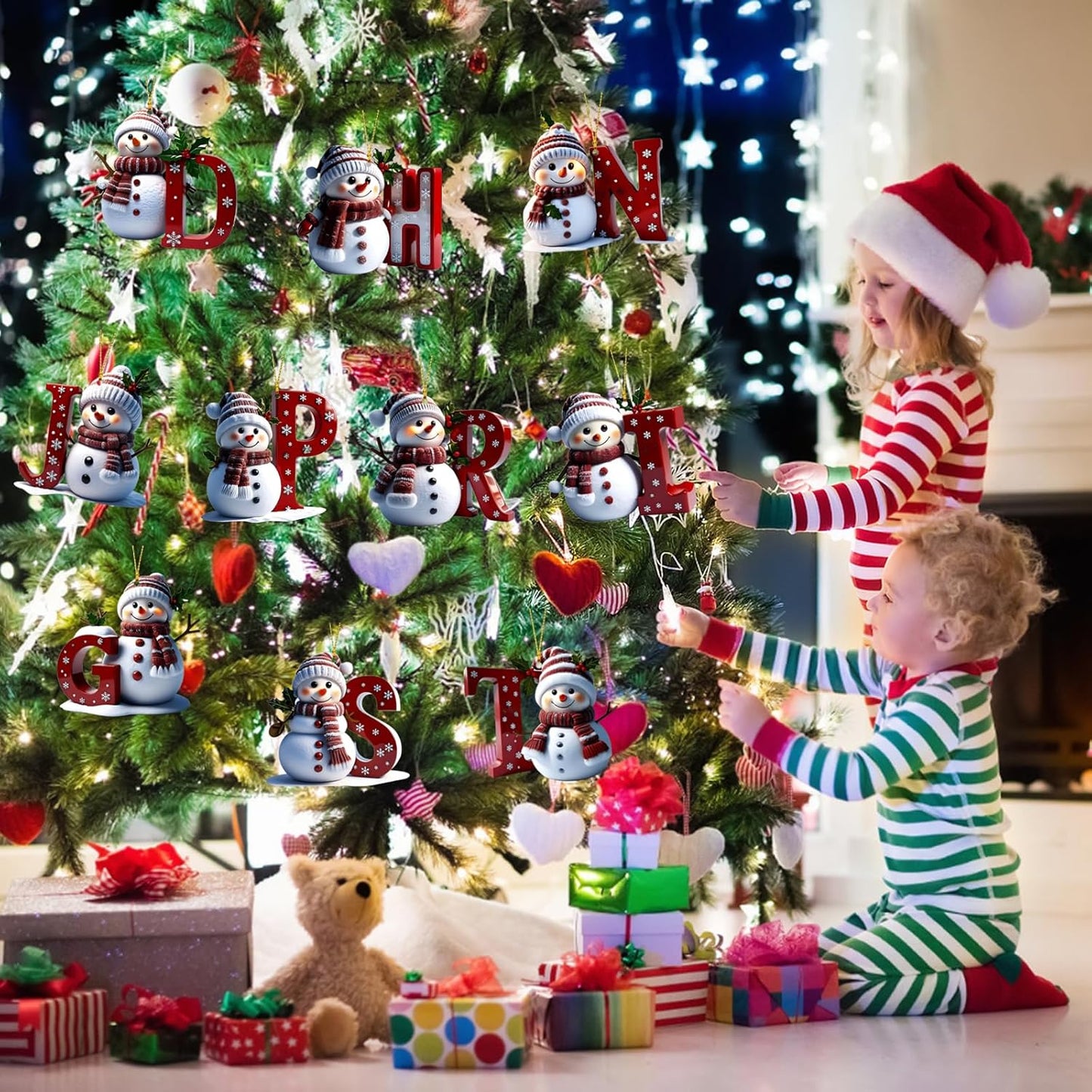 Personalized Acrylic Letter Snowman Christmas Ornaments - 26 Alphabet Tree Decorations, Prepare for Family Friends Teacher (1, R)