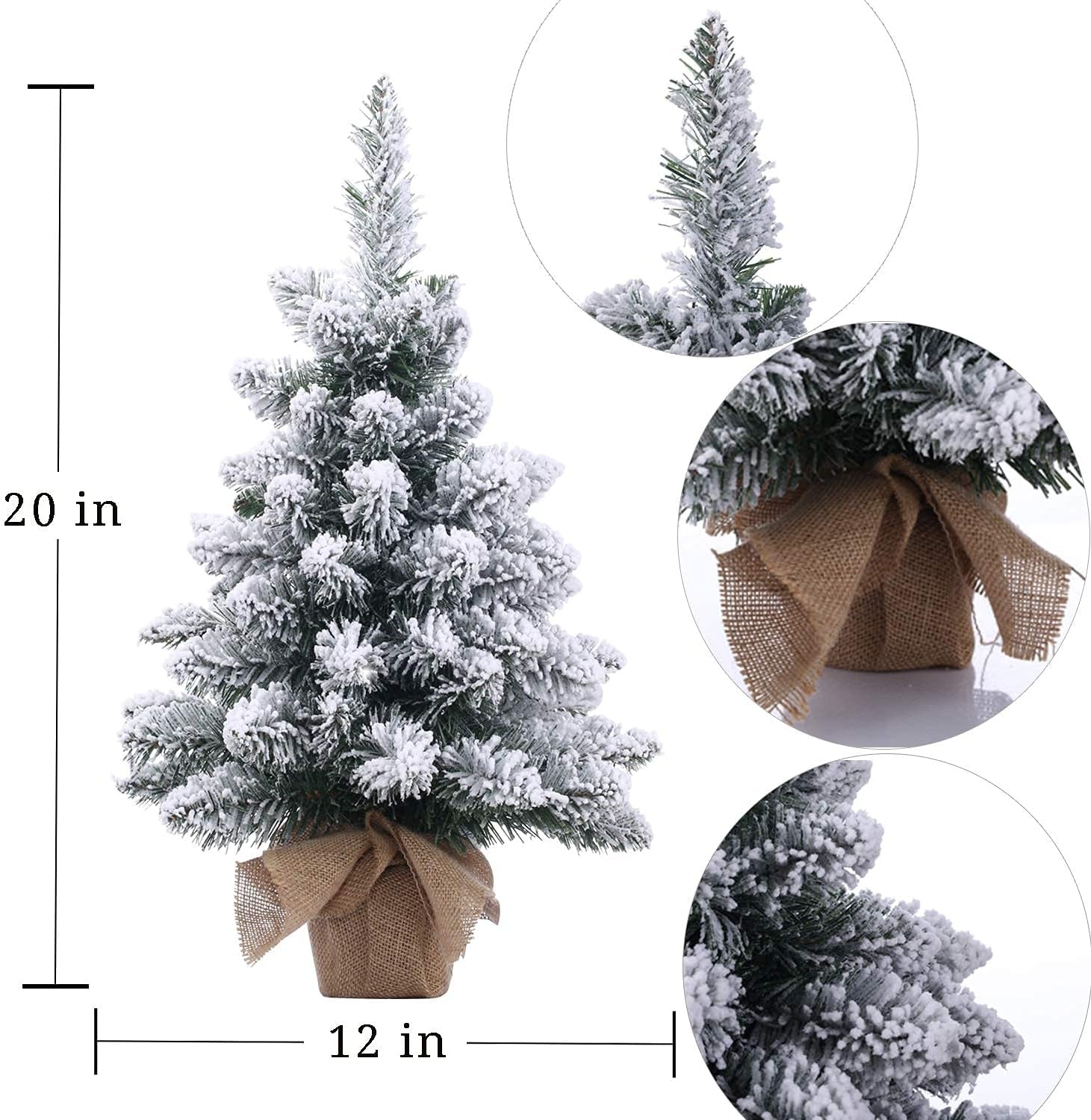 Pre-Lit Artificial Mini Christmas Tree with LED Lights,20 Inch Snow Flocked Pine Xmas Tree,70 Branch Tips,Desktop Tabletop Christmas Tree Burlap Base-(50Cm)
