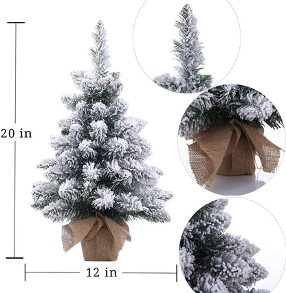 Pre-Lit Artificial Mini Christmas Tree with LED Lights,20 Inch Snow Flocked Pine Xmas Tree,70 Branch Tips,Desktop Tabletop Christmas Tree Burlap Base-(50Cm)