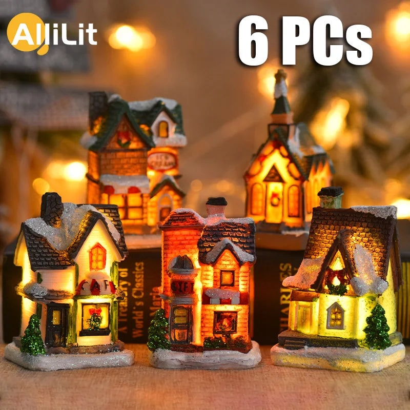 1~6Pcs LED Night Light Christmas Ornaments 2025 Luminous Castle Snow House Sculpture Xmas Decoration for Home New Year Navidad