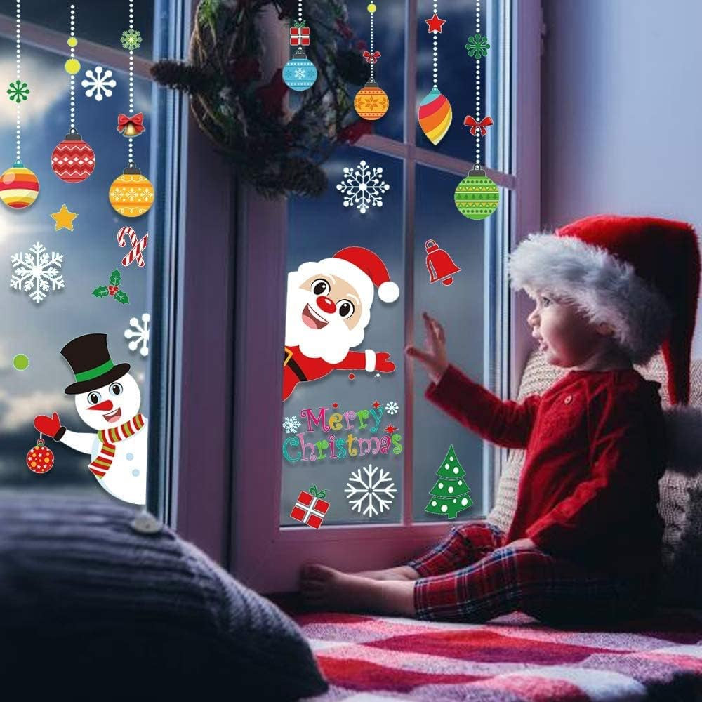 118 Pieces Christmas Window Clings with Xmas Snowflakes Decals Removable PVC Staic Stickers for Christmas Window Display(8 Sheets)