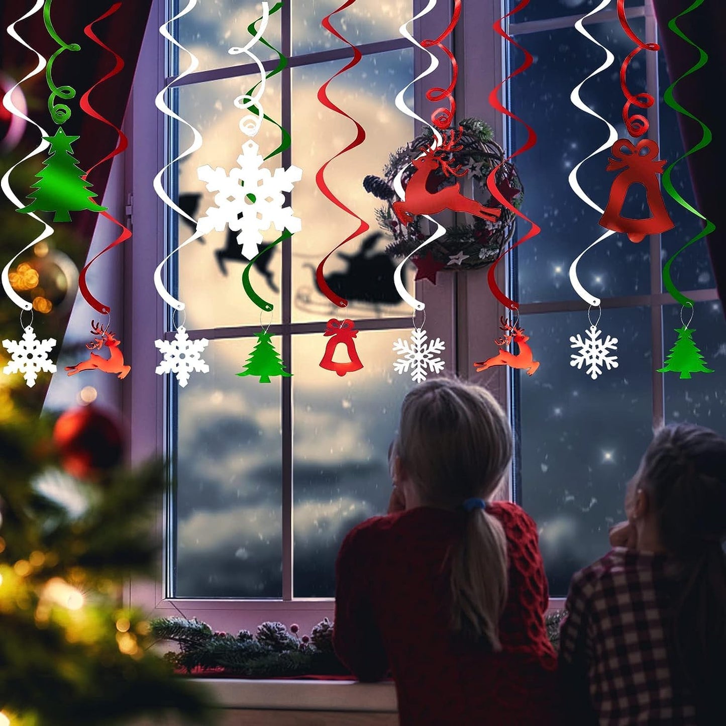 30PCS Christmas Ceiling Decorations, Christmas Hanging Decorations Indoor, Christmas Hanging Swirls Decorations, Christmas Tree, Bell, Reindeer, Snowflake for Birthday Holiday Party Décor