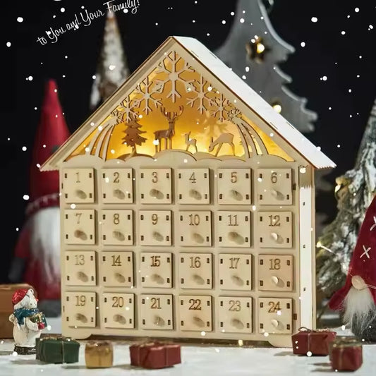 Wooden Christmas Advent Calendar with 24 Storage Drawers Village House Countdown to Christmas Refillable DIY Countdown Calendar