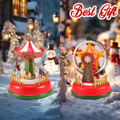 LED Christmas Carousel Decoration Music Box with Lights Holiday Village Scene Ornament Tabletop Home Party Xmas Gift