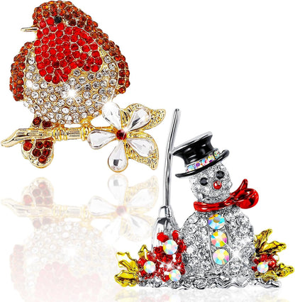 2 Pcs Christmas Brooches,Christmas Jewellery Lapel Decoration with Robin and Snowman Elegant for Women,Xmas Pin Badges with Rhinestone Crystal as Ornaments Gift for Xmas Theme Pary