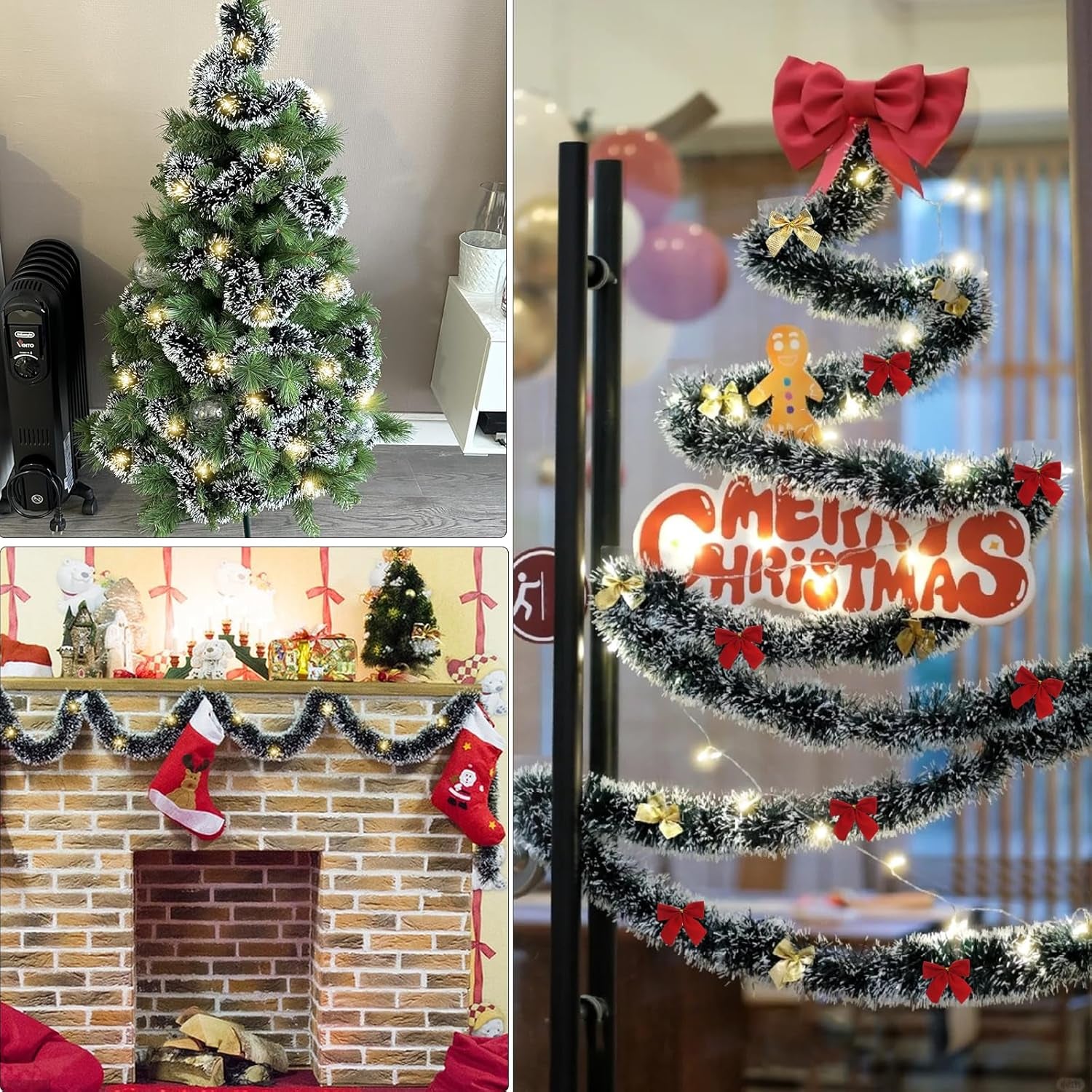 39 Feet Christmas Tinsel Garlands Decoration Christmas Tree Tinsel with 24 Red Bows, 24 Gold Bows and String Lights - Xmas Tinsel Garland for Festive Decor, Indoor and Outdoor Use