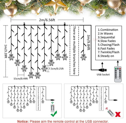 Christmas Window Lights 2M X 1M 104 Leds Snowflakes Curtain Fairy Light Xmas Decoration Icicle Lights Indoor Party Bedroom