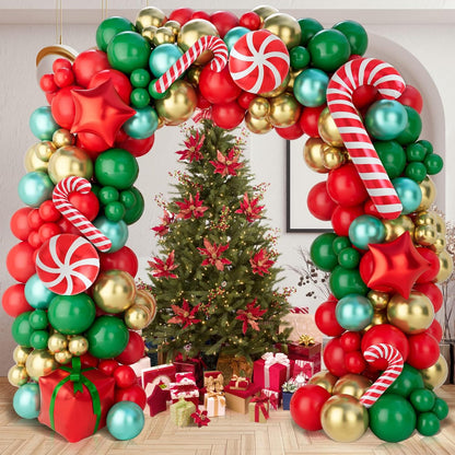 Christmas Balloons Garland Arch Kit, 154Pcs Christmas Garland with Red Green Gold Candy Cane Balloons Red Star Balloon Foil Balloon Arch for Xmas Party Decoration Supplies,Xmas Decorations for Indoors