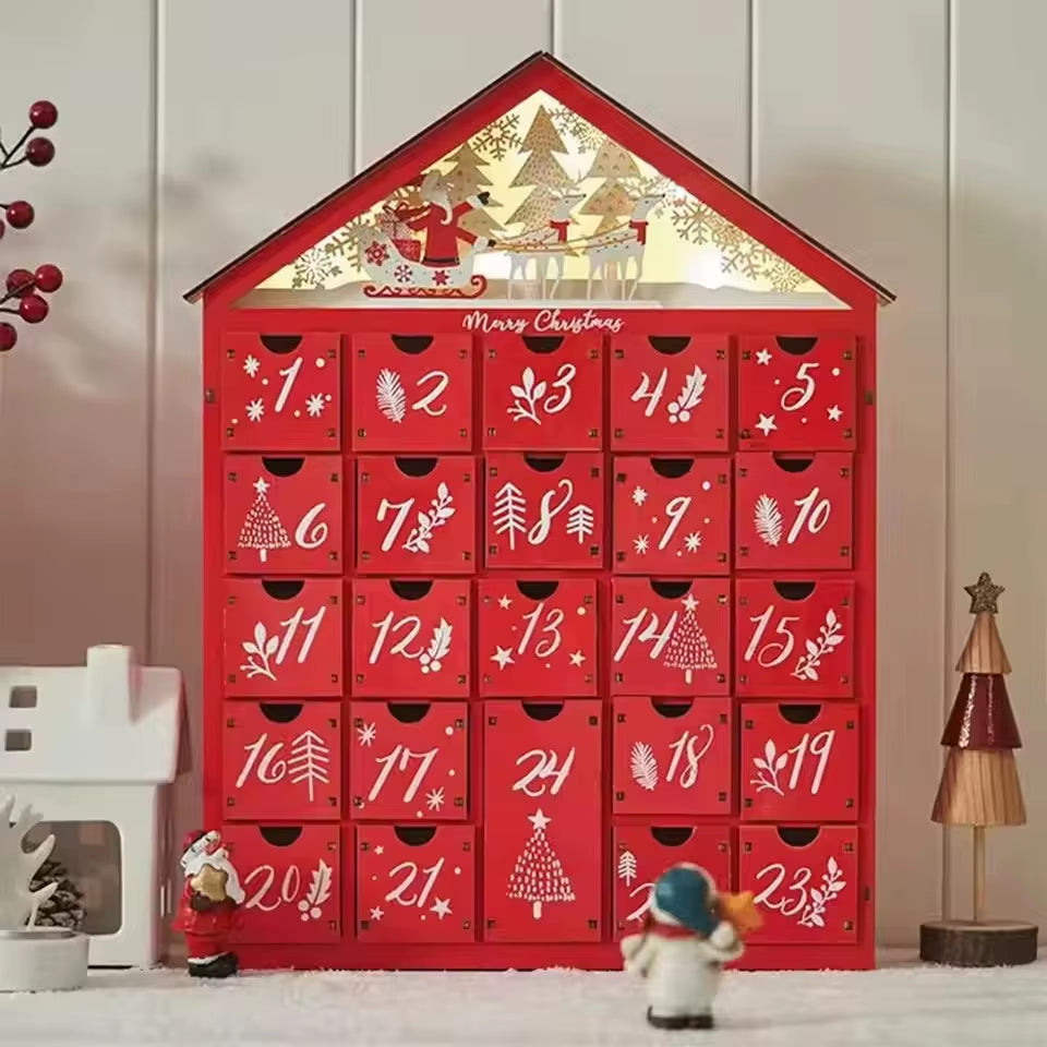 Wooden Christmas Advent Calendar with 24 Storage Drawers Village House Countdown to Christmas Refillable DIY Countdown Calendar