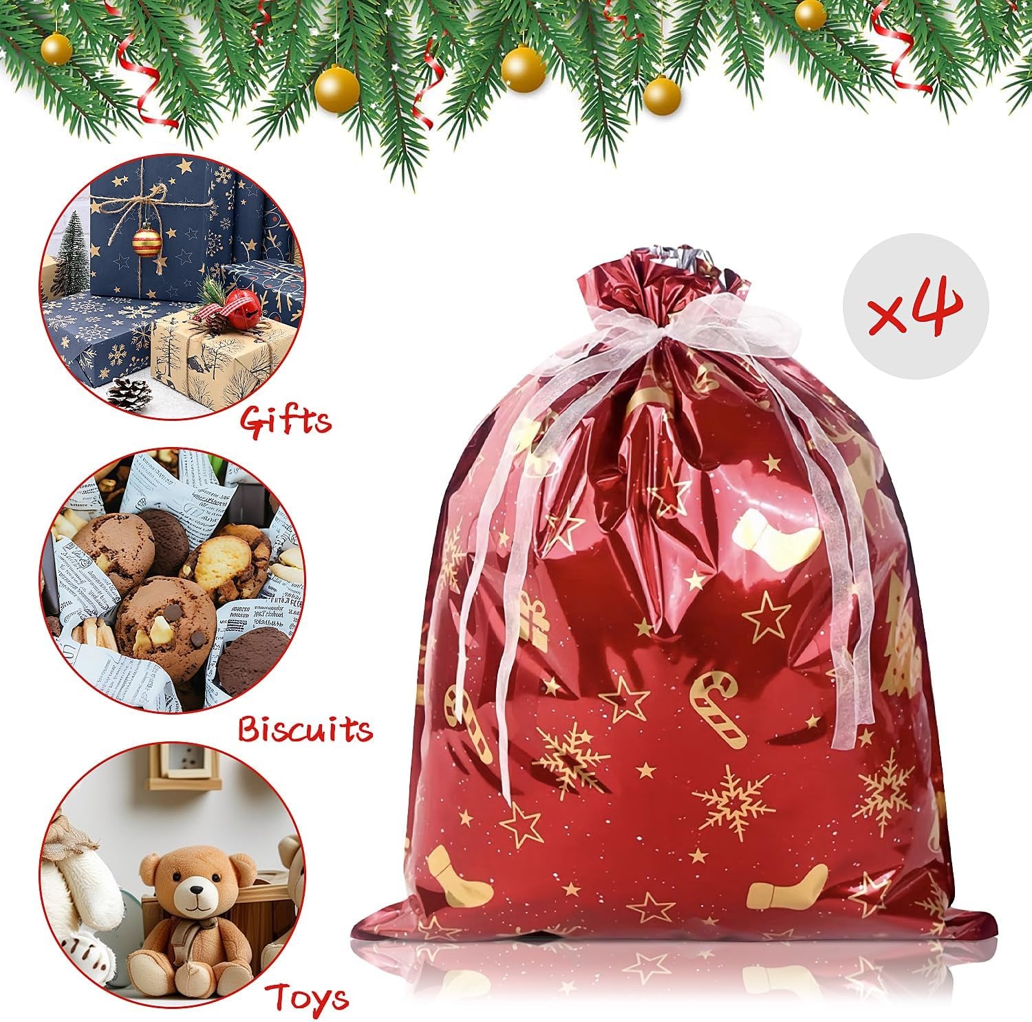 4 Pack Large Christmas Gifts Bags,39 * 51Cm Christmas Wrapping Bags,Red Gold Drawstring Gift Bags Multipack, Reusable Gift Bags for Presents Xmas Party
