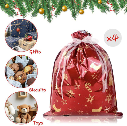 4 Pack Large Christmas Gifts Bags,39 * 51Cm Christmas Wrapping Bags,Red Gold Drawstring Gift Bags Multipack, Reusable Gift Bags for Presents Xmas Party