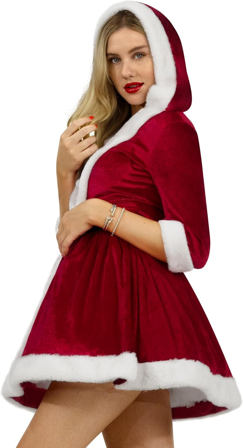 Mrs Claus Santa Christmas Costume for Women, Christmas Santa Adult Dress Set with Hooded Dress, Belt