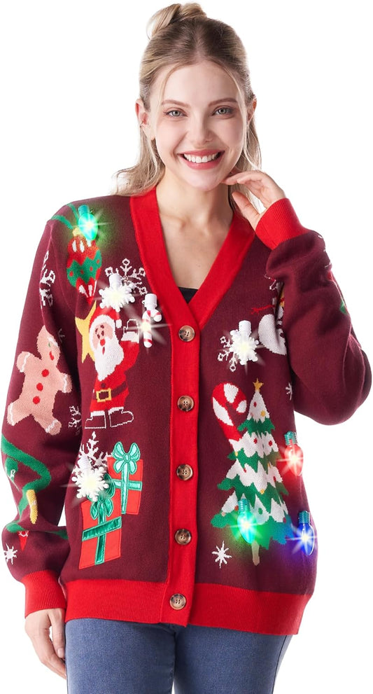 Ugly Christmas Cardigan Sweaters, Funny Light up Christmas Ugly Knitwear, V-Neck Cardigan Pullover for Women
