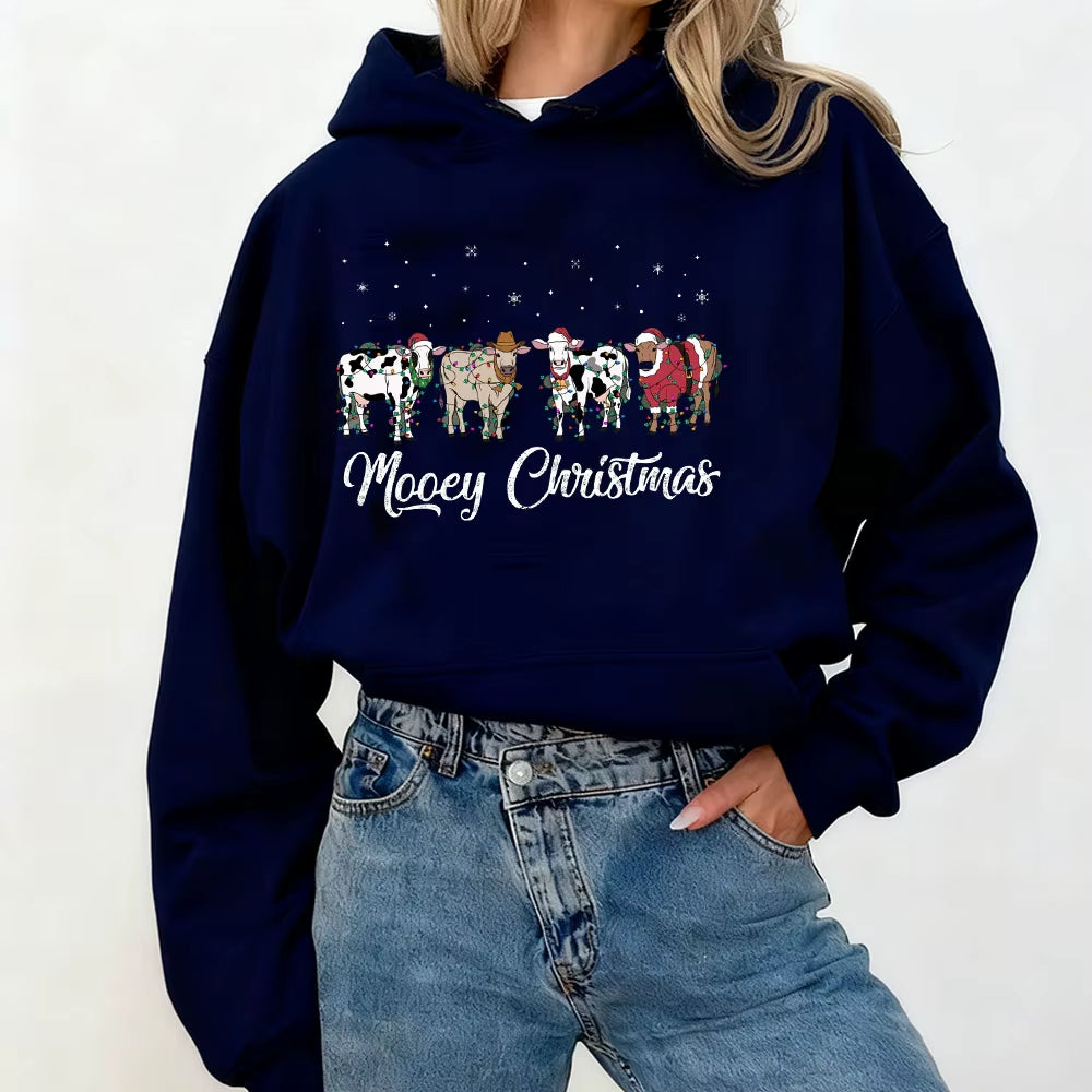 Christmas Cow Sweatshirt Cow Lover Gift Funny Holiday Sweater Farm Christmas Hoodies Tops Womens Winter Long Sleeve Anime Hoodie