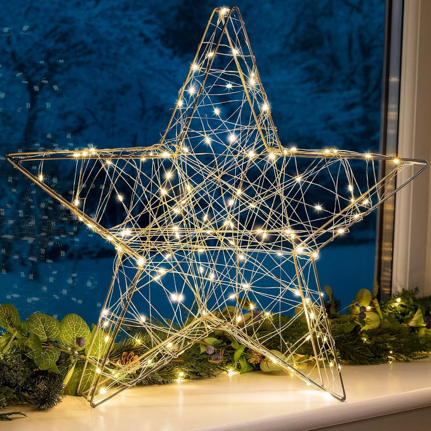 Christmas Star Decoration, 50Cm Warm White Micro LED Light, Indoor Mantelpiece Window Sill Table Ornament, Battery Operated with Timer