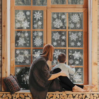 Christmas Snowflake Window Stickers over 300Pcs Silver Glitter Design - Removable and Reusable Christmas Window Clings Decoration - Ideal for Xmas Display and Decor