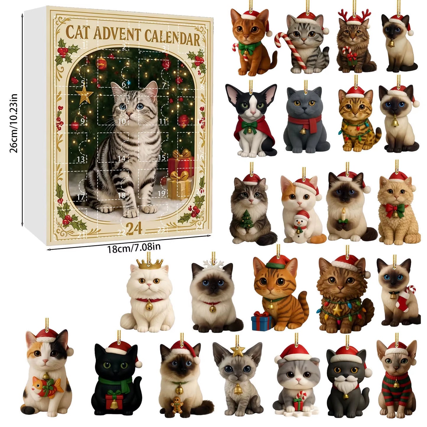 Cat Advent Calendar 2025 24 Days Christmas Countdown with 24 Different Breeds 2D Acrylic Cute Kitten Christmas Tree Ornaments