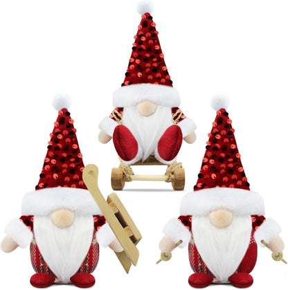 Set of 3 Red Christmas Gonk Decorations Mini Gnome with Sled Handmade Xmas Decor for Home Kitchen Farmhouse
