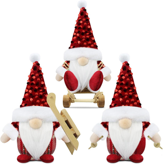 Set of 3 Red Christmas Gonk Decorations Mini Gnome with Sled Handmade Xmas Decor for Home Kitchen Farmhouse