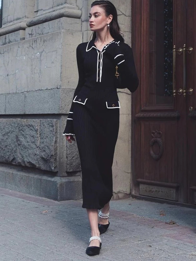 High Waist Ruffled Maxi Dresses for Women Autumn Winter Knitted Slim Long Dress Women'S Vintage Dress Woman Retro Elegant