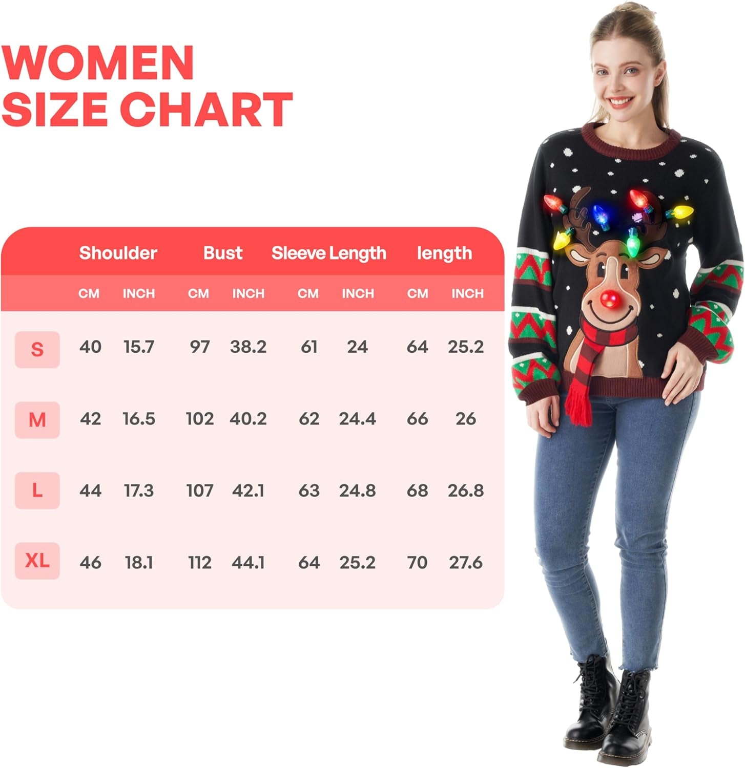 LED Light up Reindeer Ugly Womens Christmas Jumper Built-In Light Bulbs Red Black Blue Xmas Long Sweater Top (S-XL)