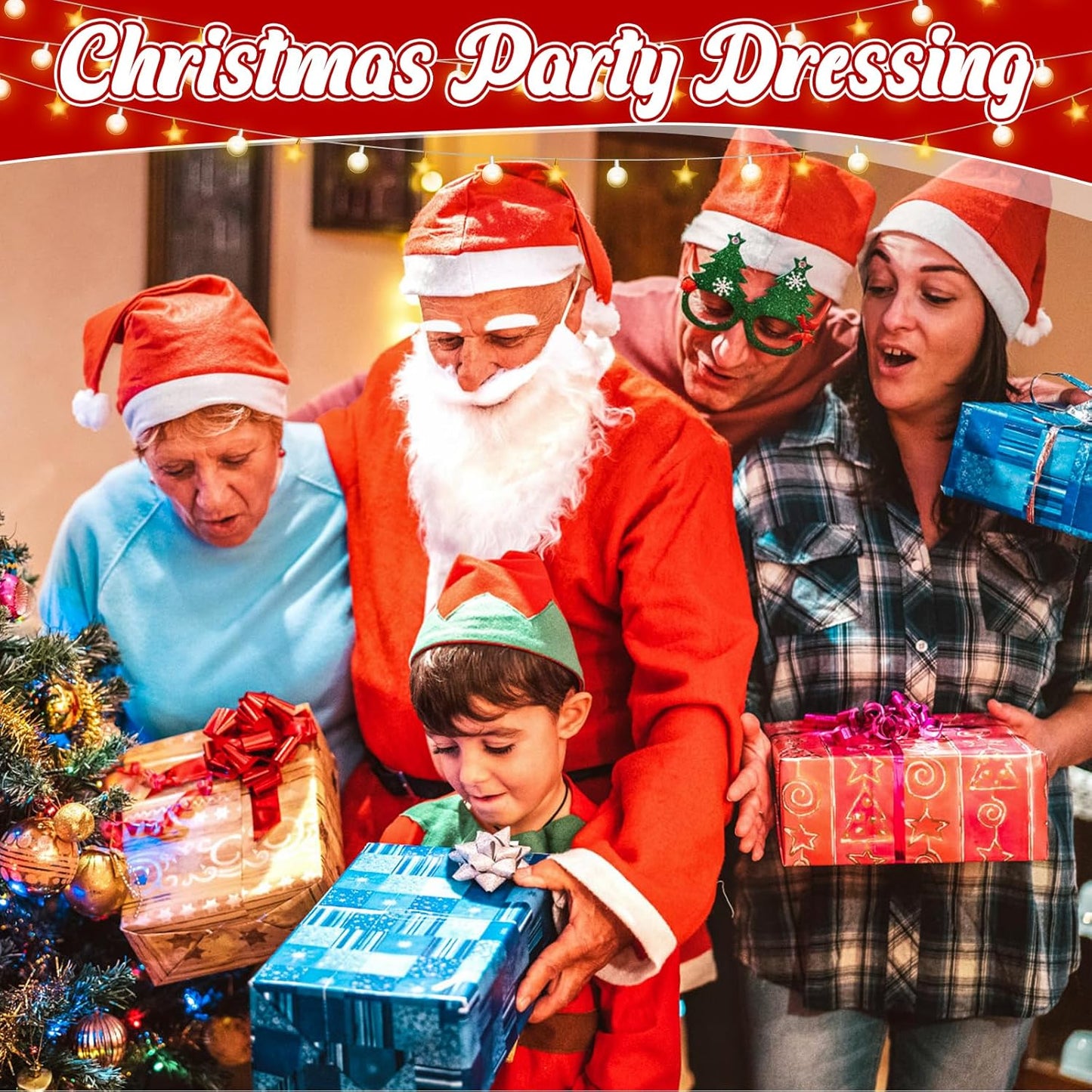 8Pcs Santa Claus Costume Accessories, Christmas Dress up Kit with Santa Hat Beard Wig Gloves Glasses Inflatable Candy Cane and Present Bag for Festive Family Gatherings Xmas Party
