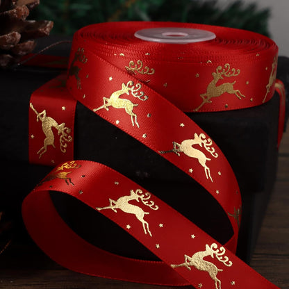 20Mm 25 Yards Red Christmas Ribbons Roll Gold Reindeer Ribbon for Christmas Crafts Gift Wrapping Xmas Present Packaging Decorations