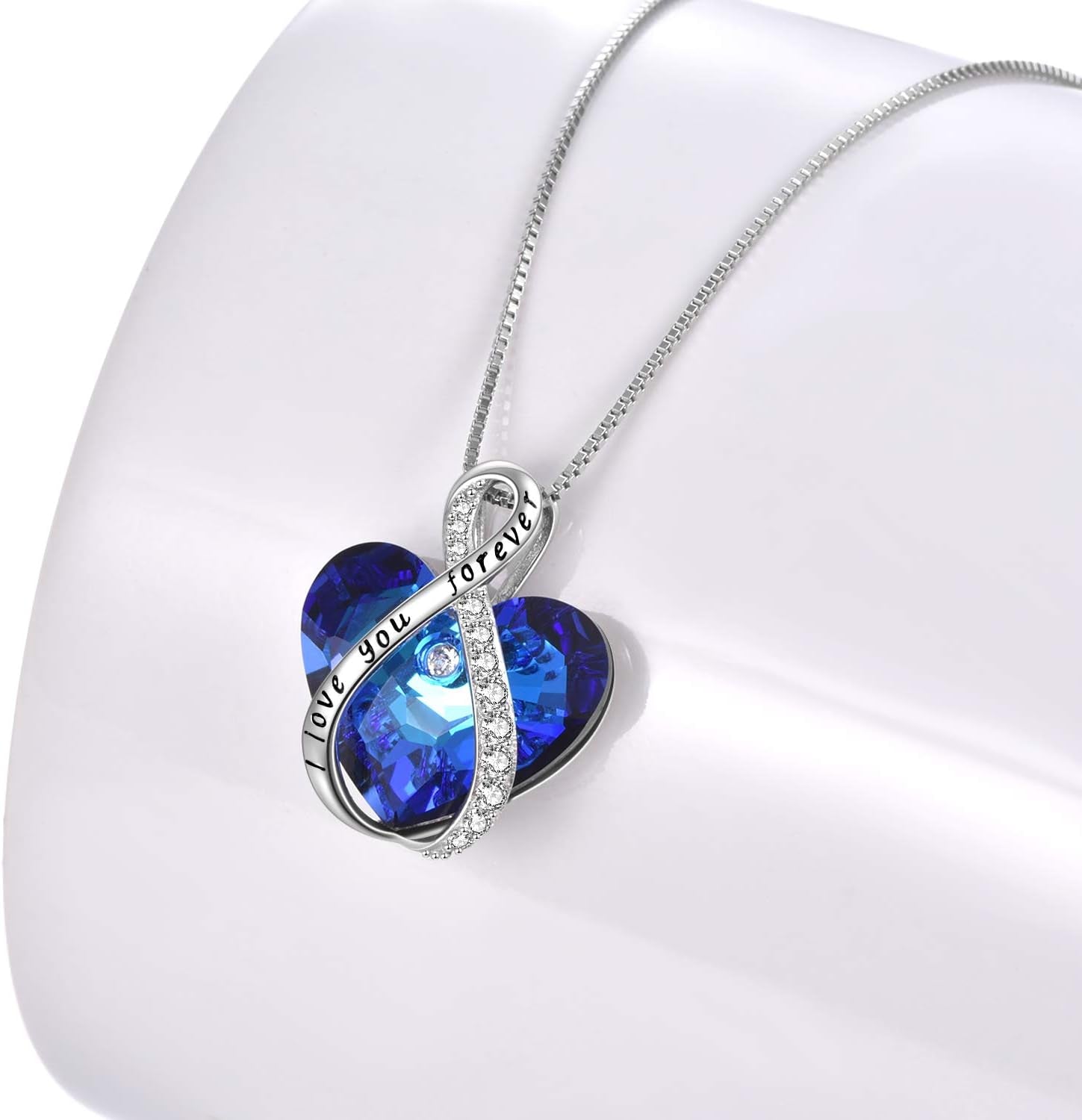 Sterling Silver Blue Infinity Love Heart Engraved Pendant Necklace with Austria Crystals- Birthday Anniversary Christmas Jewellery Gifts for Women Mum Girlfriend Daughter Her