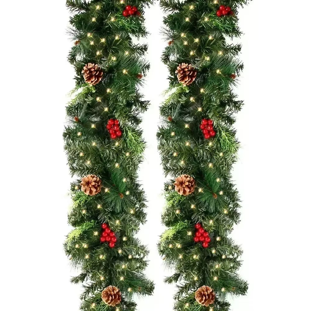 Christmas Garland Wreath with Pinecones Red Berries, Artificial LED Rattan Decoration for Xmas Tree, Stairs, Door, Home Decor
