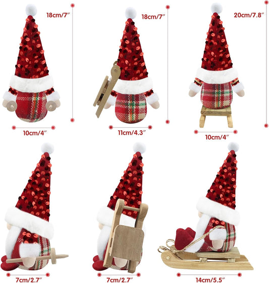 Set of 3 Red Christmas Gonk Decorations Mini Gnome with Sled Handmade Xmas Decor for Home Kitchen Farmhouse