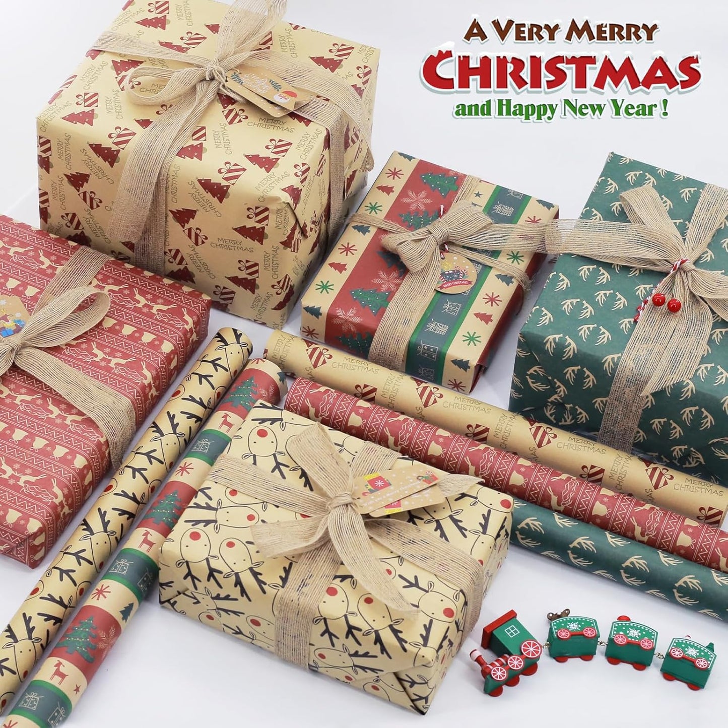 3M X 43Cm Christmas Wrapping Paper Roll, 5 Rolls Recyclable Kraft Paper for Xmas Gift Boxes Decoration (5 Festive Patterns)