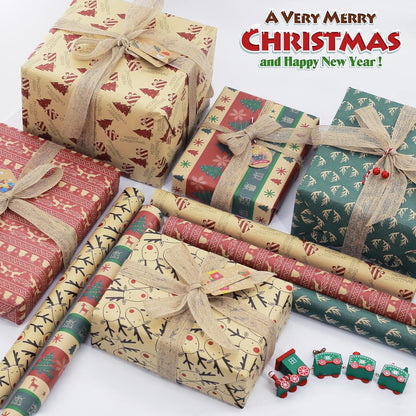 3M X 43Cm Christmas Wrapping Paper Roll, 5 Rolls Recyclable Kraft Paper for Xmas Gift Boxes Decoration (5 Festive Patterns)