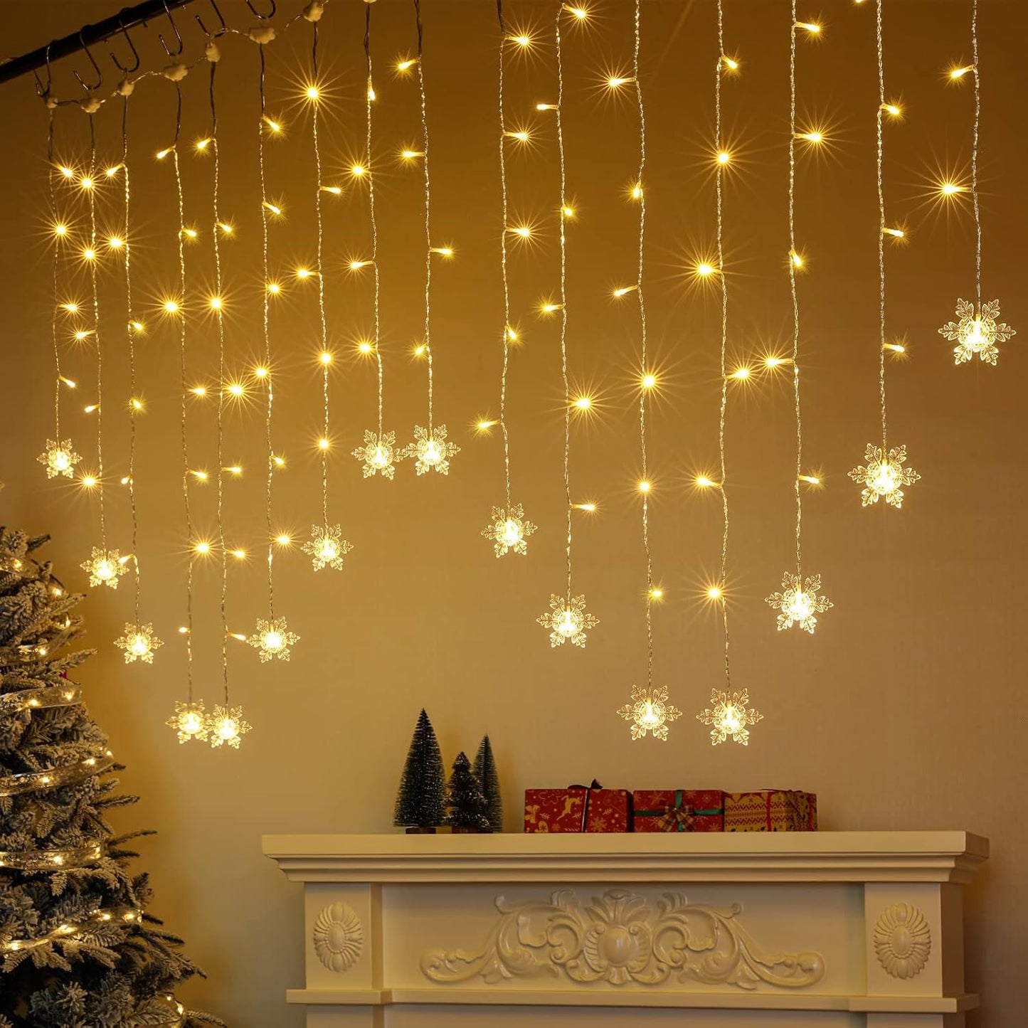 Christmas Window Lights 2M X 1M 104 Leds Snowflakes Curtain Fairy Light Xmas Decoration Icicle Lights Indoor Party Bedroom