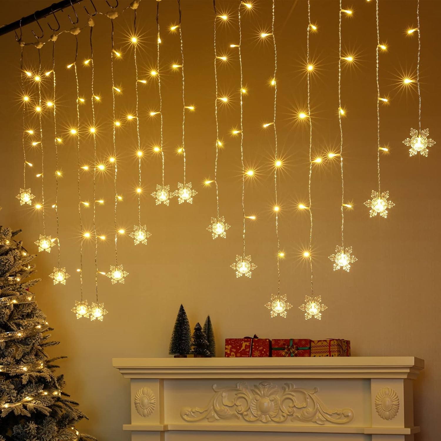 Christmas Window Lights 2M X 1M 104 Leds Snowflakes Curtain Fairy Light Xmas Decoration Icicle Lights Indoor Party Bedroom