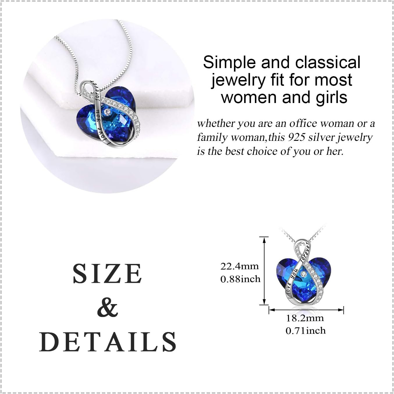Sterling Silver Blue Infinity Love Heart Engraved Pendant Necklace with Austria Crystals- Birthday Anniversary Christmas Jewellery Gifts for Women Mum Girlfriend Daughter Her