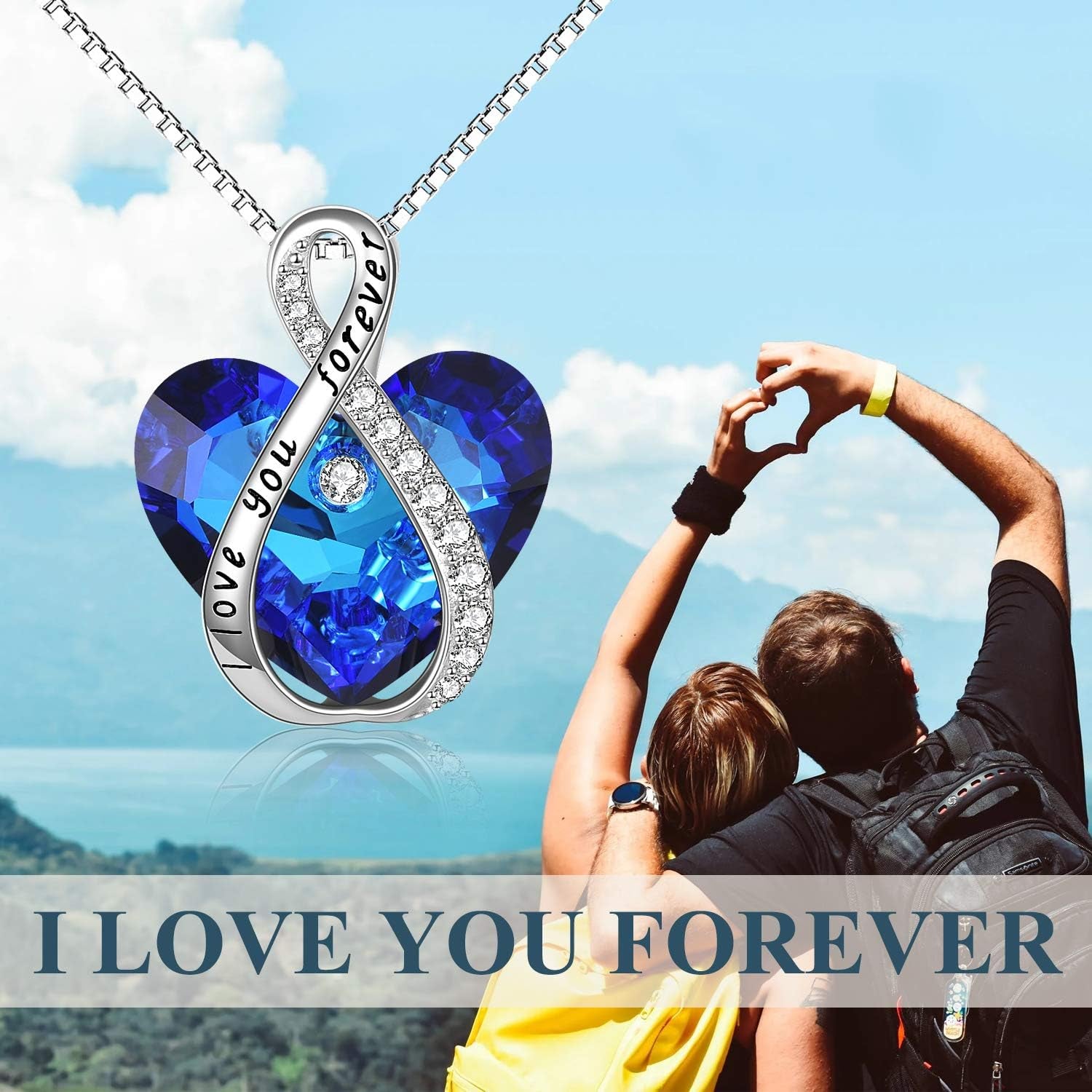 Sterling Silver Blue Infinity Love Heart Engraved Pendant Necklace with Austria Crystals- Birthday Anniversary Christmas Jewellery Gifts for Women Mum Girlfriend Daughter Her