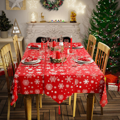 Christmas Table Cloth, Rectangular Machine Washable Xmas Dining Tablecloth in Red with Silver Snowflake Design - 50X70 (127X178Cm)