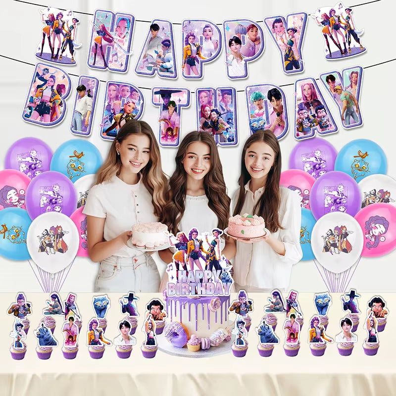Hot Kpop Demon Birthday Party Decoration Huntrix Kpop Anime Birthday Party Supplies Hunter Group Cake Topper Balloons Decor Sets