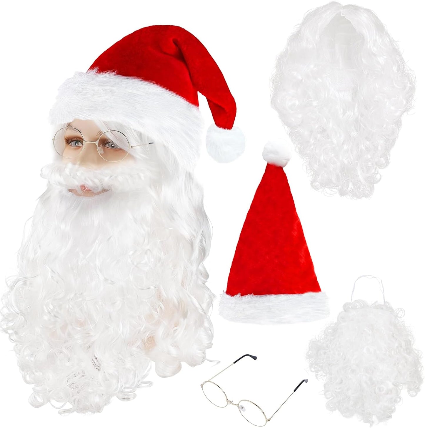 3/4 Pcs Santa Costume Adult Accessories, Christmas Santa Claus Costume Set with Santa Beard and Wig Santa Hat Santa Glasses, Santa Outfit Supplies for Xmas Carnival