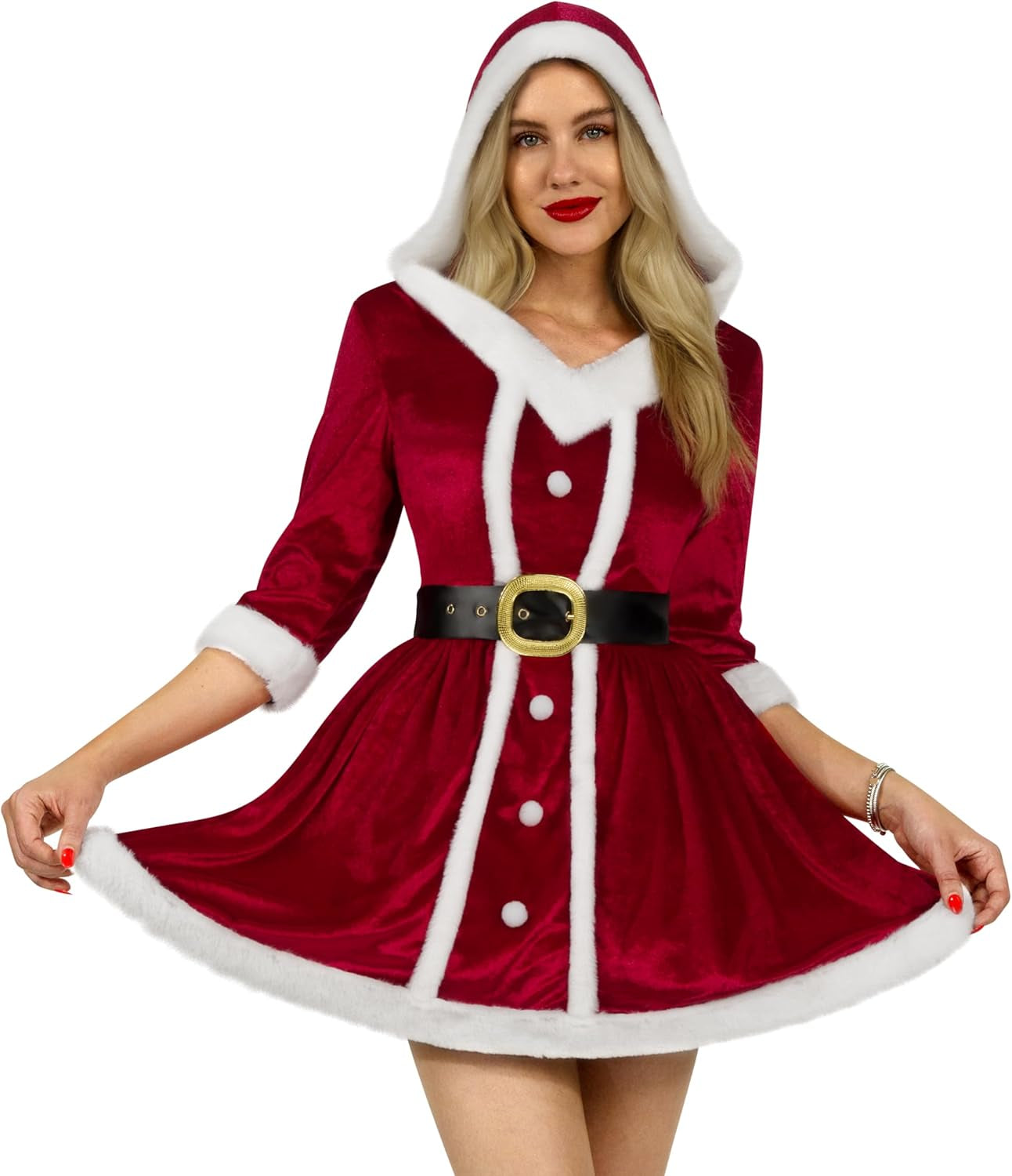 Mrs Claus Santa Christmas Costume for Women, Christmas Santa Adult Dress Set with Hooded Dress, Belt