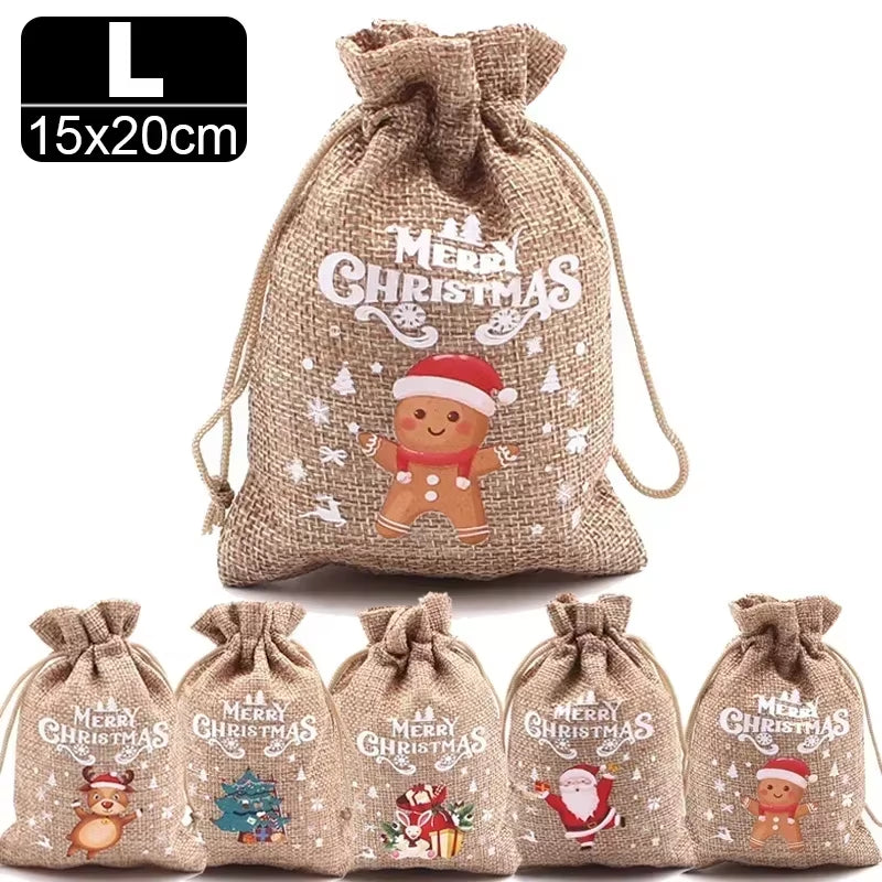 30/1Pcs Christmas Drawstring Bag Santa Claus Snowman Linen Candy Gift Packaging Bags Xmas Favor Bracelet Jewelry Storage Pouch